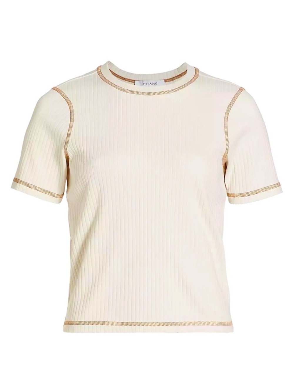 Frame Denim Cream Ribbed Short Sleeve Tee with Tan Contrast Trim